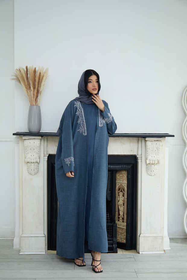 Blue Embellished Oversized Linen Abaya Set