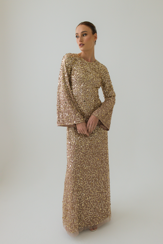 Gold Embellished Evening Dress With Flare Wide Sleeves