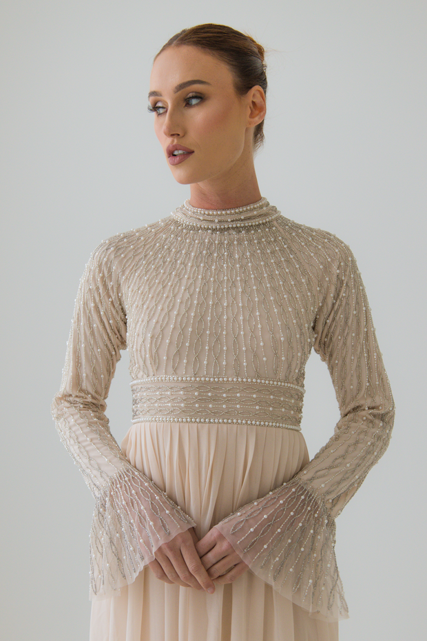 Cream Pearl Flowy Dress With Flare Sleeves Shimmi Dresses