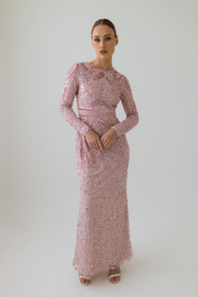 Pink Sequin Evening Dress With Long Sleeves