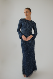 Navy Embellished Evening Dress With Wide Flare Sleeves