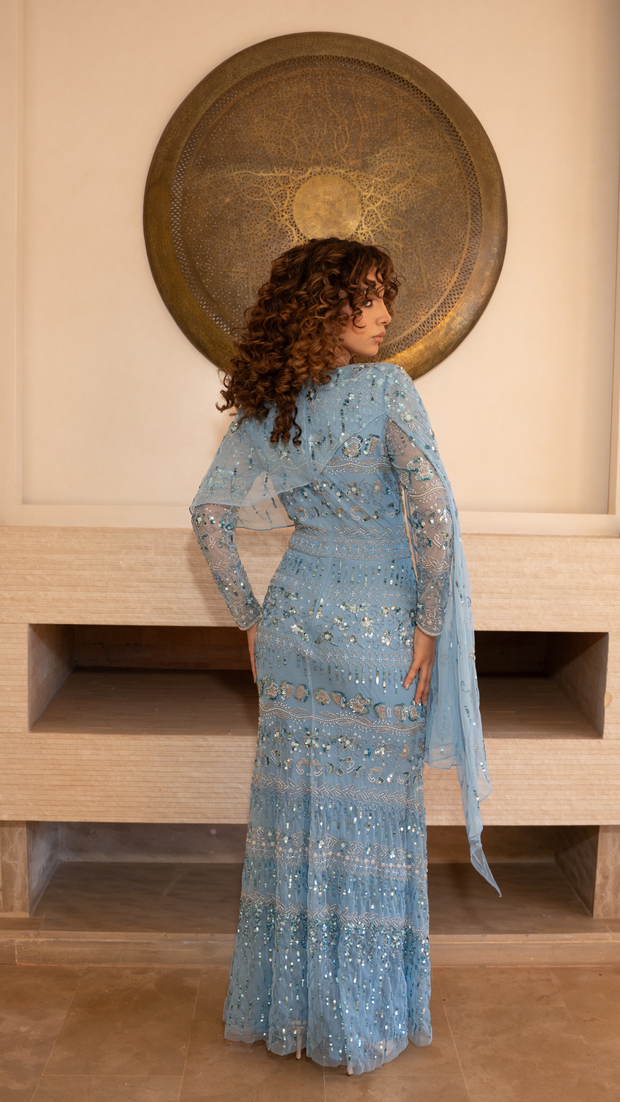 Sky Blue Sequin Evening Dress with Asymmetrical Cape Overlay