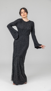 Black Embellished Pearl Evening Dress With Dramatic Sleeves