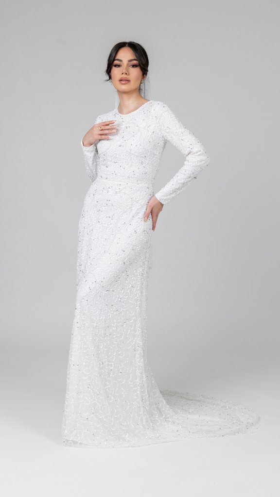 pearl evening dress White Pearl Evening Dress With Trail – Shimmi Dresses