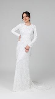 White Pearl Evening Dress With Trail