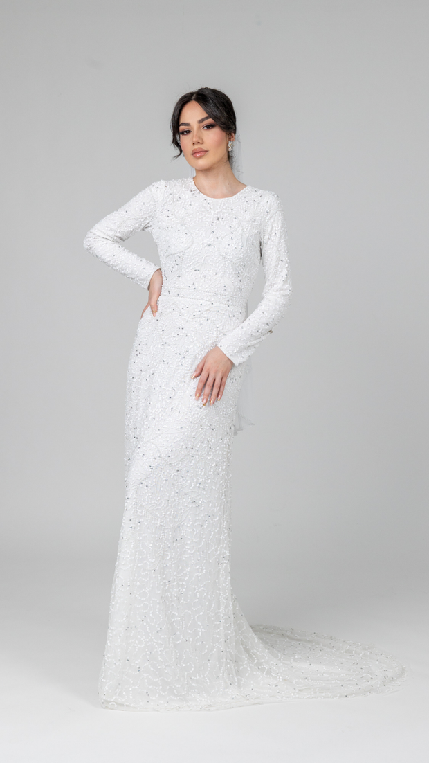 White Pearl Evening Dress With Trail Shimmi Dresses White Pearl Evening Dress With Trail Shimmi Dresses