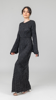 Black Embellished Pearl Evening Dress With Dramatic Sleeves