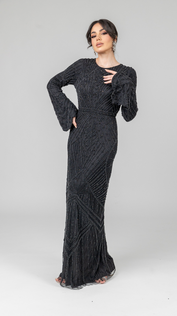 Black Embellished Pearl Evening Dress With Dramatic Sleeves