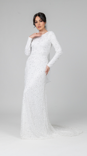 White Pearl Evening Dress With Trail