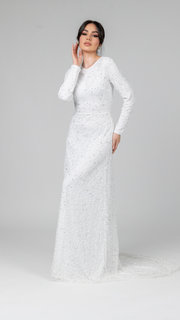 White Pearl Evening Dress With Trail