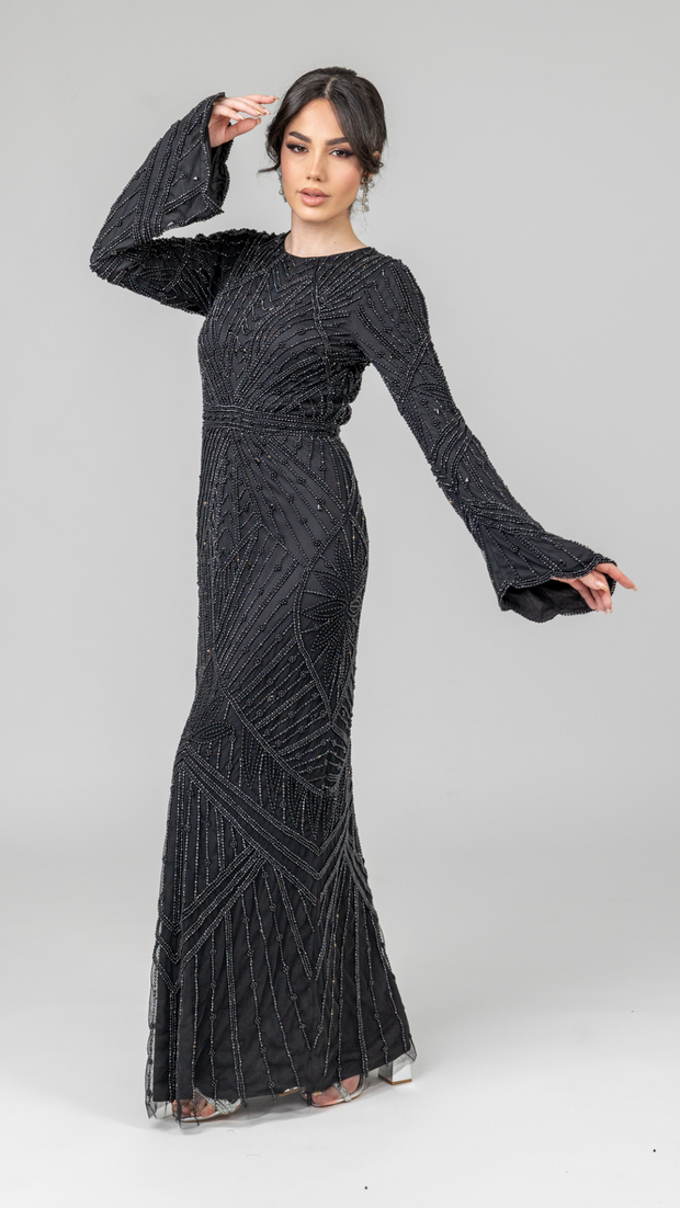 Black Embellished Pearl Evening Dress With Dramatic Sleeves