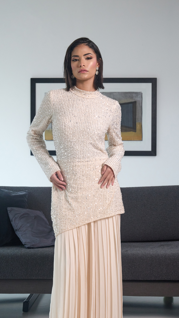 Cream Pleated Sequin Evening Dress Shimmi Dresses Cream Pleated Sequin Evening Dress Shimmi Dresses
