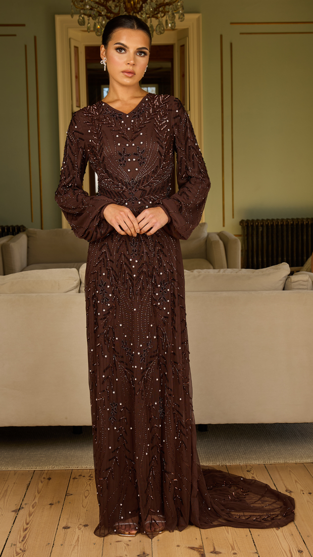 Brown Pearl Evening Dress With Balloon Sleeve - Shimmi Dresses (UK 14) (US 10) (EU 42) (L) Brown Pearl Evening Dress With Balloon Sleeve - Shimmi Dresses (UK 14) (US 10) (EU 42) (L)