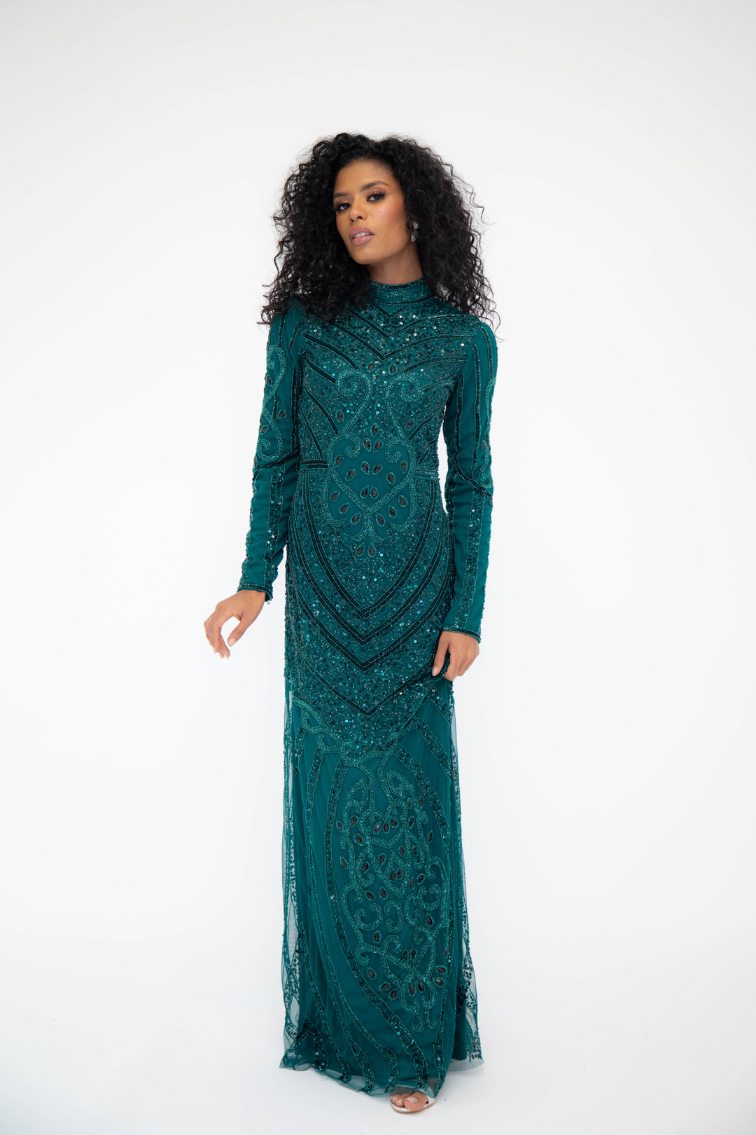 Emerald Green Embellished Maxi Dress With Sleeves Shimmi Dresses