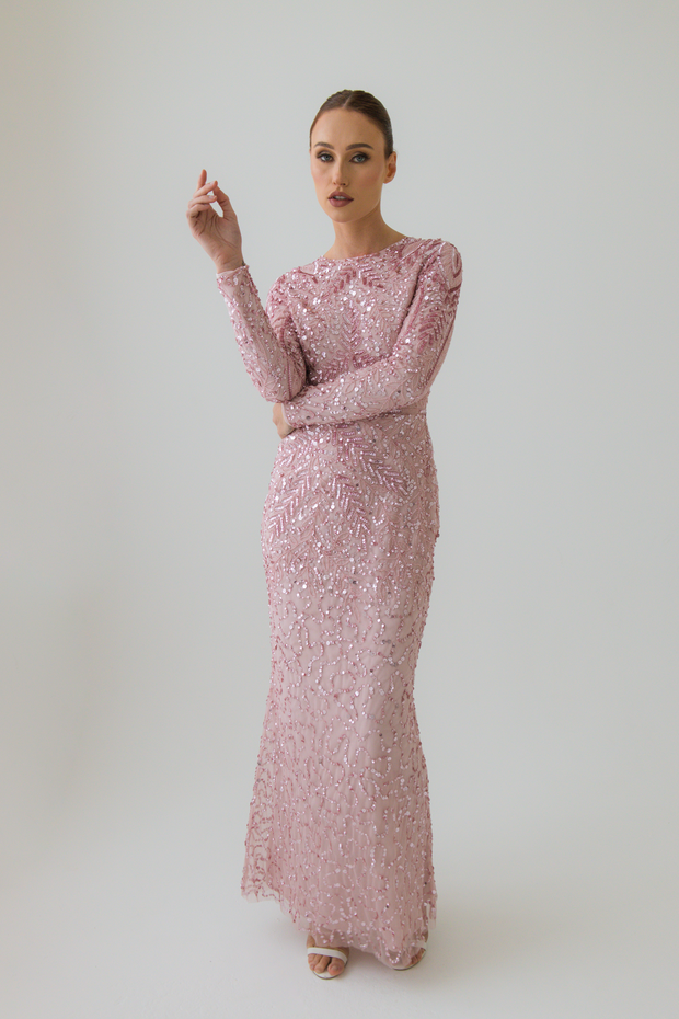 Pink Sequin Evening Dress With Long Sleeves