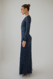 Navy Embellished Evening Dress With Wide Flare Sleeves