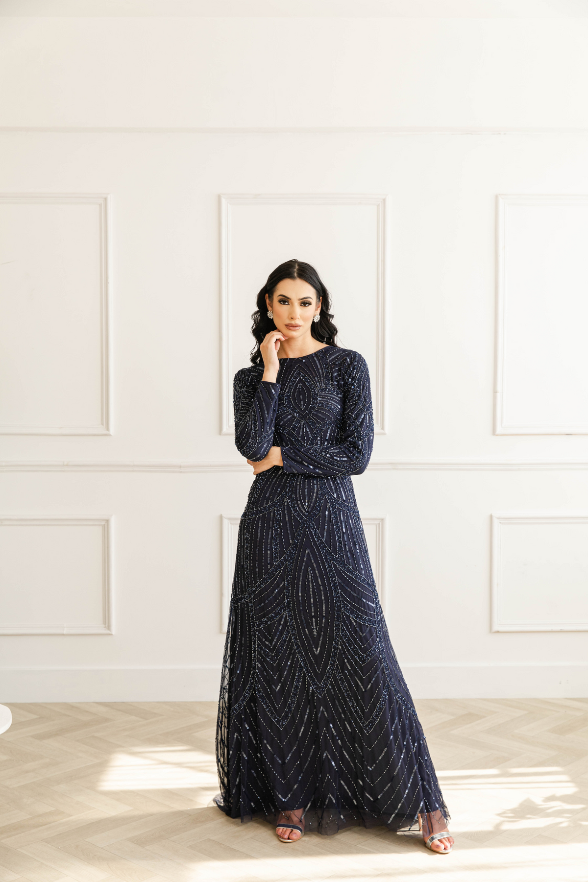 Navy Sequin Long Sleeve Evening Dress With Trail