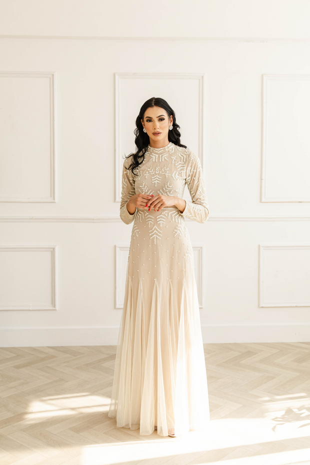 Long sleeve cream lace dress deals