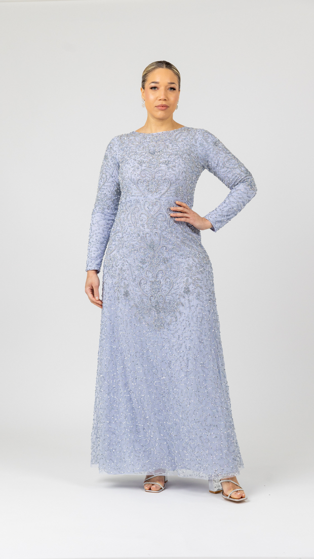 Baby Blue Sequin Evening Dress With Long Sleeves