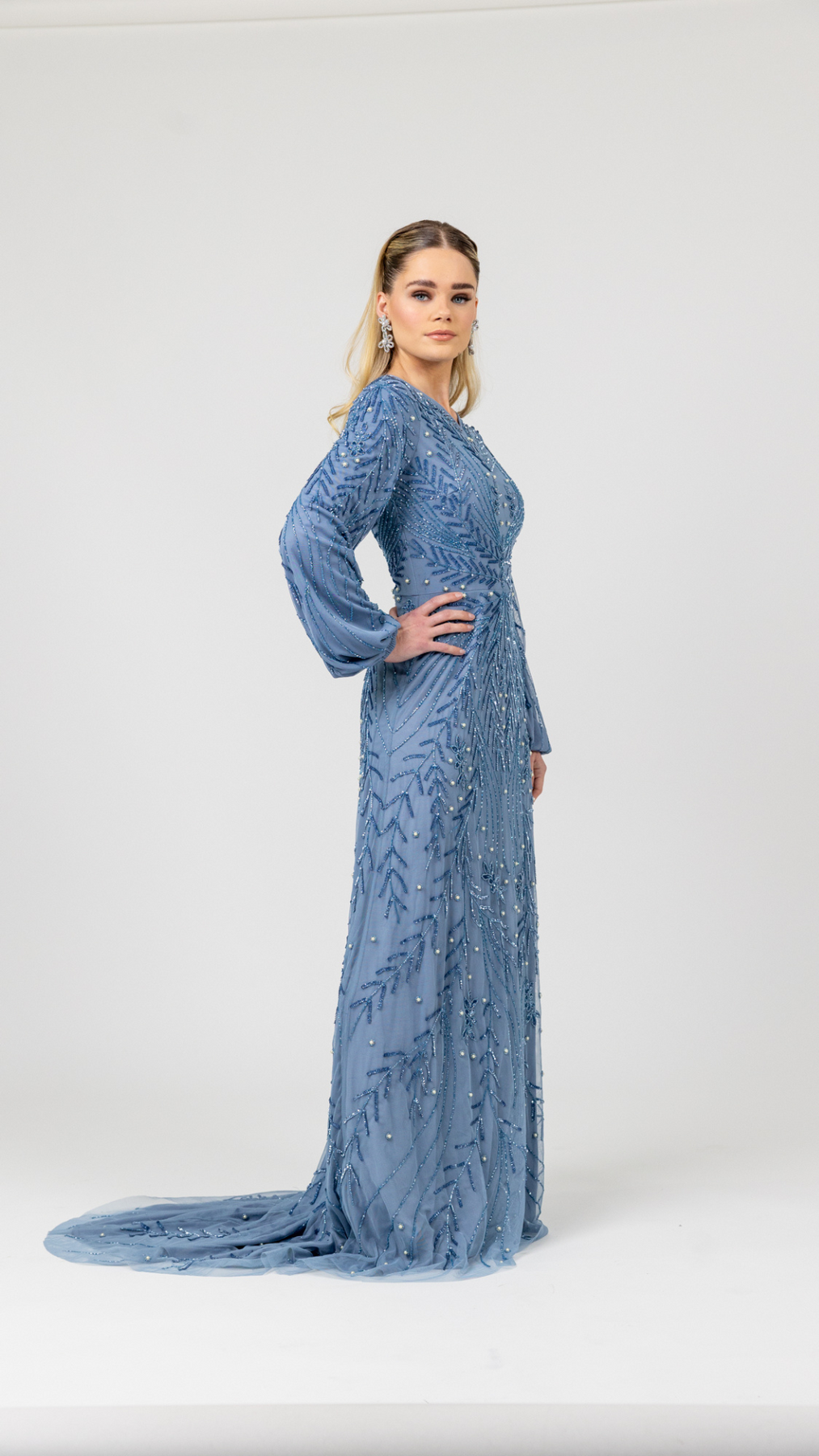 Blue Pearl Evening Dress With Balloon Sleeve