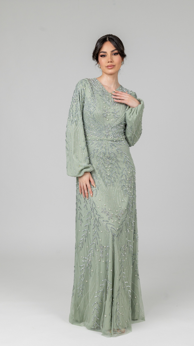 Sage Pearl Evening Dress With Balloon Sleeve