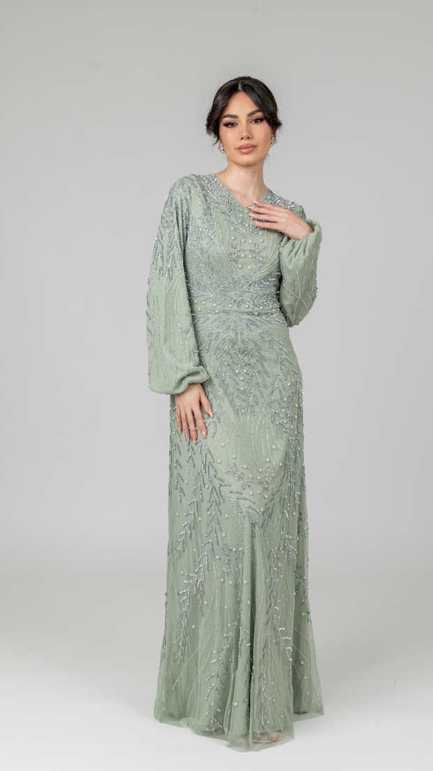 Sage Pearl Evening Dress With Balloon Sleeve - Shimmi Dresses (UK 10) (US 6) (EU 38) (S) Sage Pearl Evening Dress With Balloon Sleeve - Shimmi Dresses (UK 10) (US 6) (EU 38) (S)