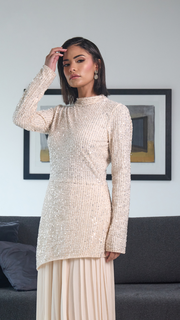 cream sequin dress Cream Pleated Sequin Evening Dress – Shimmi Dresses