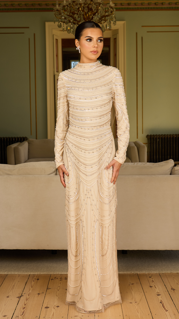 Cream Cowl Cape Evening Long Sleeve Evening Dress Cream Cowl Cape Evening Long Sleeve Evening Dress