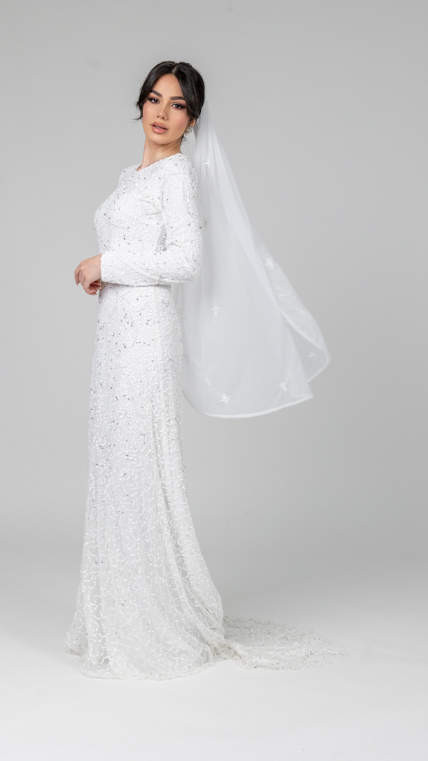 White Pearl Evening Dress With Trail Shimmi Dresses White Pearl Evening Dress With Trail Shimmi Dresses