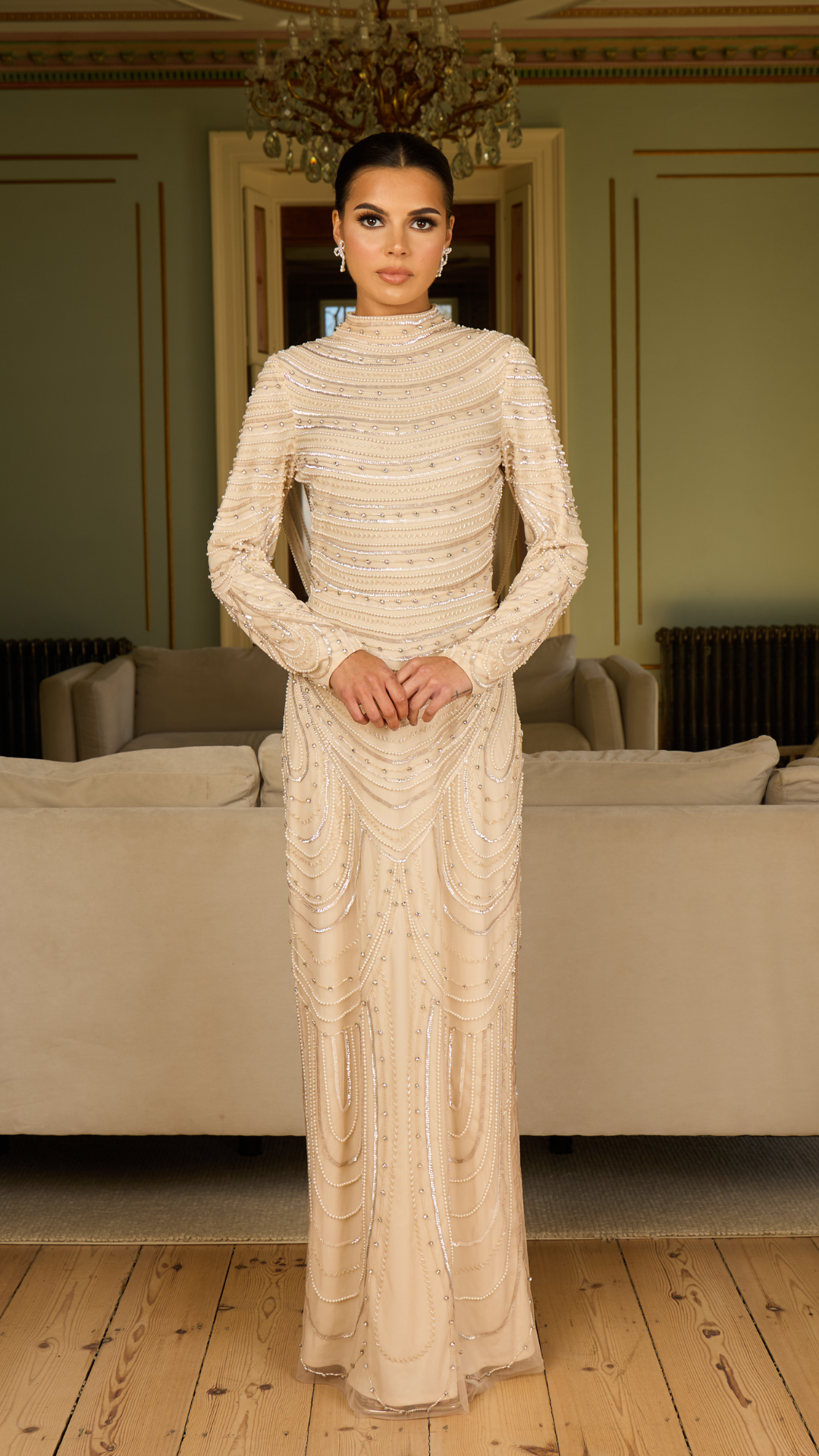 Cream Cowl Cape Evening Long Sleeve Evening Dress
