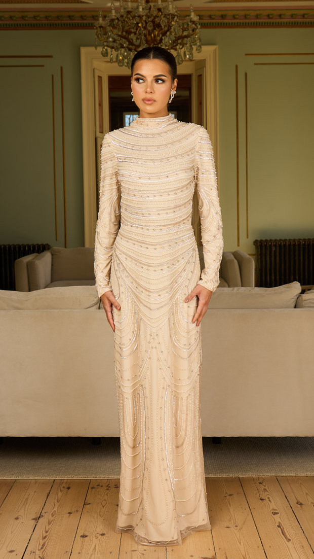 Cream Cowl Cape Evening Long Sleeve Evening Dress Shimmi Dresses Cream Cowl Cape Evening Long Sleeve Evening Dress Shimmi Dresses