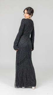 Black Embellished Pearl Evening Dress With Dramatic Sleeves