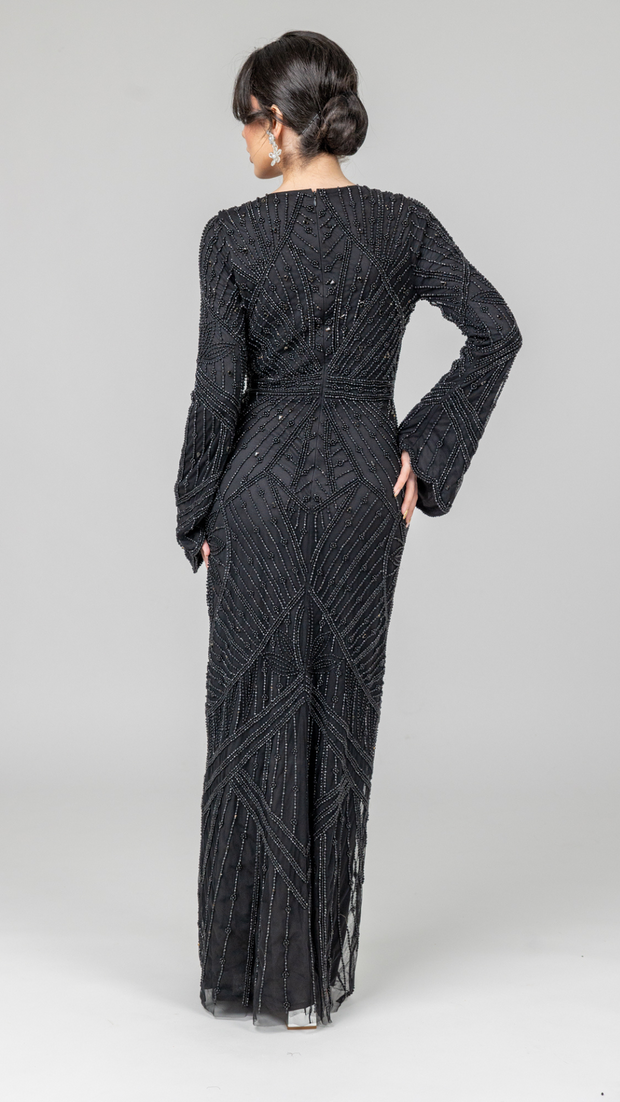 Black Embellished Pearl Evening Dress With Dramatic Sleeves