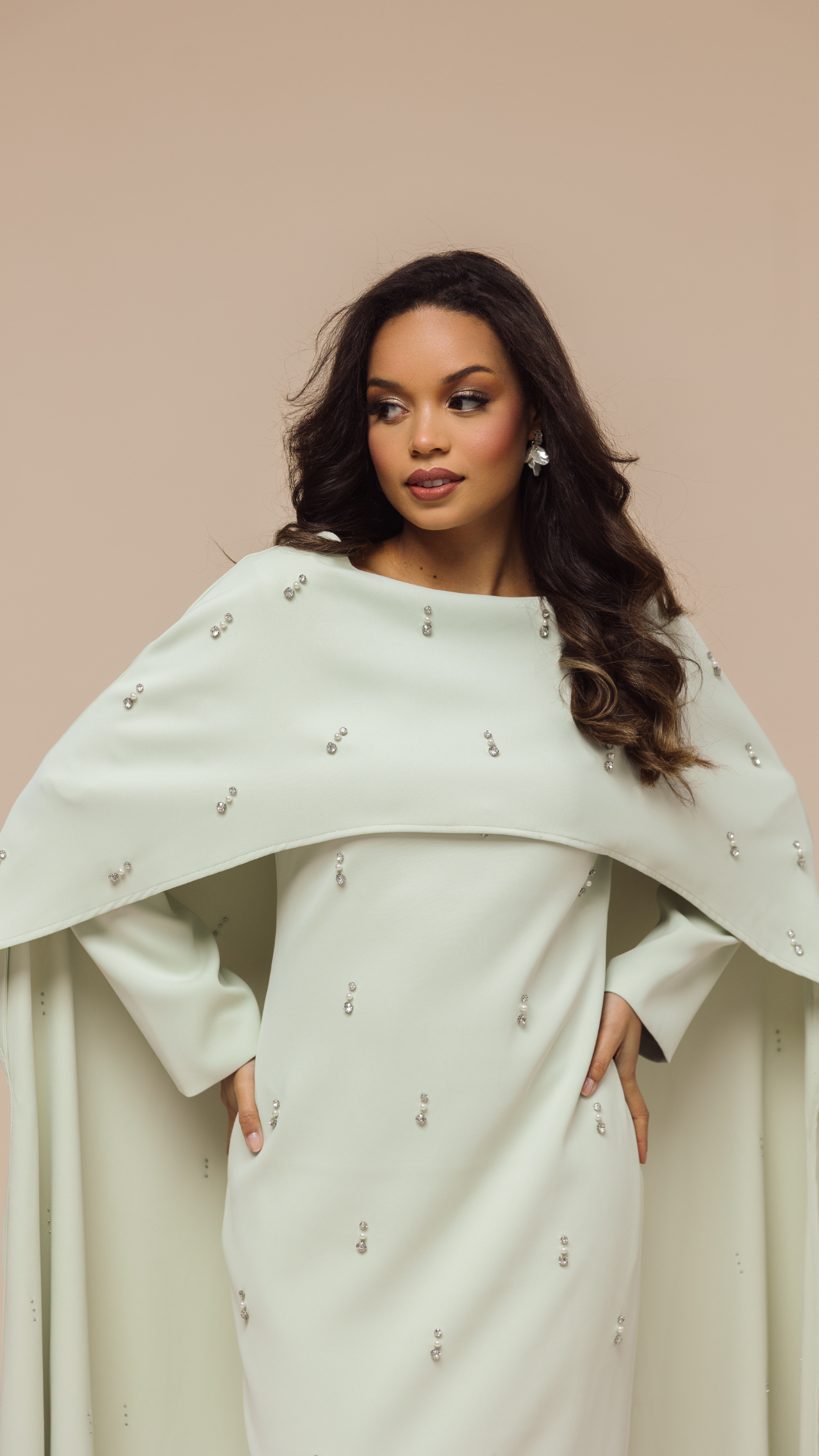 chinese dress ladies Modest Muslim Sage Green Evening Dress with Cape Long Sleeves LA72413A –  SERENE HILL
