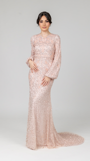 Pink Pearl Evening Dress With Balloon Sleeves