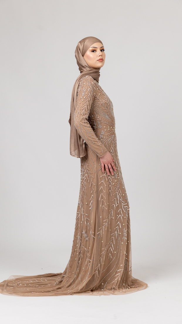 Mocha Pearl Modest Evening Dress