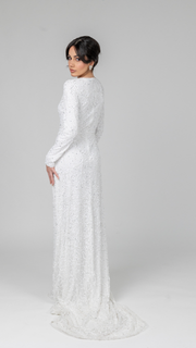 White Pearl Evening Dress With Trail