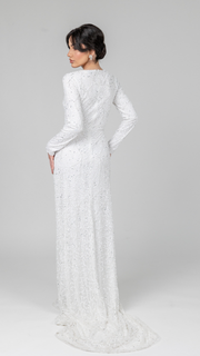 White Pearl Evening Dress With Trail