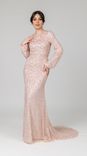 Pink Pearl Evening Dress With Balloon Sleeves