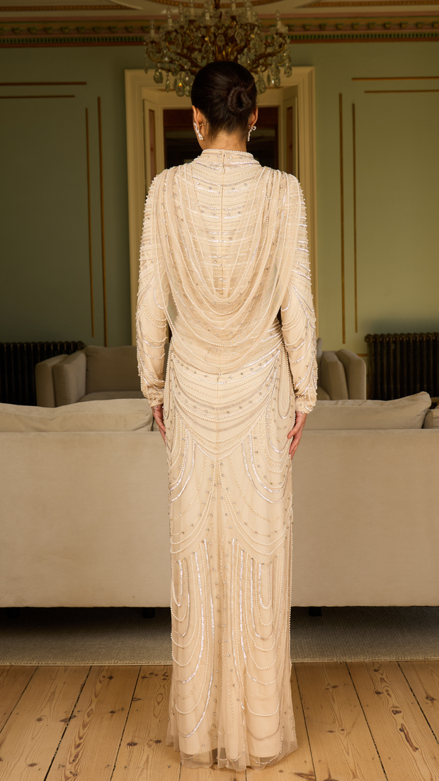 Cream Cowl Cape Evening Long Sleeve Evening Dress Shimmi Dresses Cream Cowl Cape Evening Long Sleeve Evening Dress Shimmi Dresses