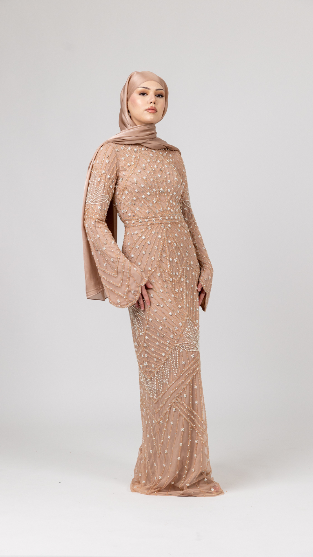 Blush Pink Embellished Pearl Evening Dress With Dramatic Sleeves – Shimmi  Dresses