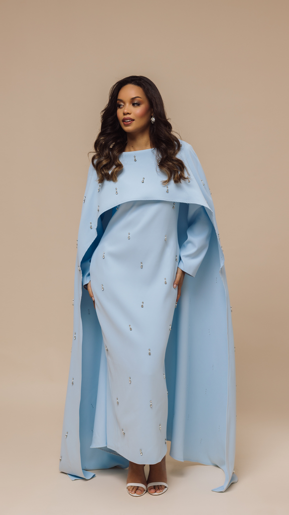 Blue Blush Dresses Modest Blue Cape Modest Maxi Dress – Shimmi Dresses