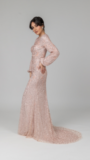 Pink Pearl Evening Dress With Balloon Sleeves