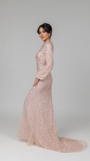 Pink Pearl Evening Dress With Balloon Sleeves