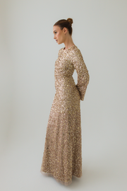Gold Embellished Evening Dress With Flare Wide Sleeves