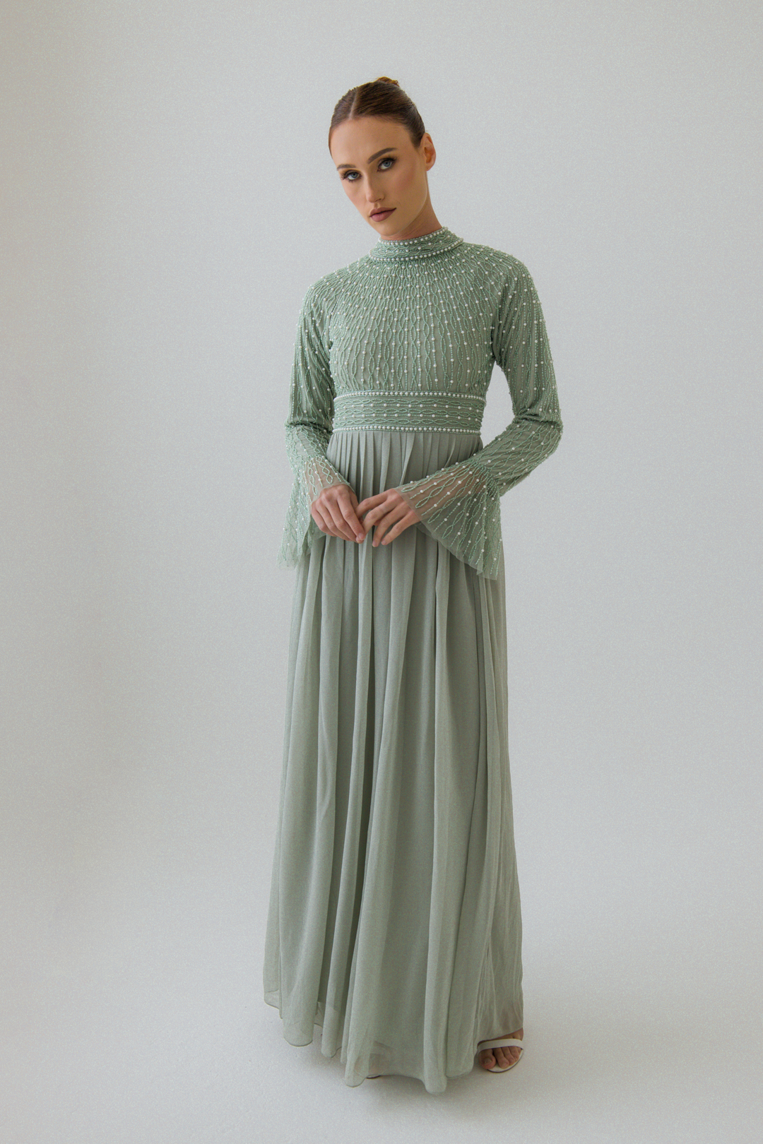 Sage Pearl Flowy Dress With Flare Sleeves Shimmi Dresses Sage Pearl Flowy Dress With Flare Sleeves Shimmi Dresses