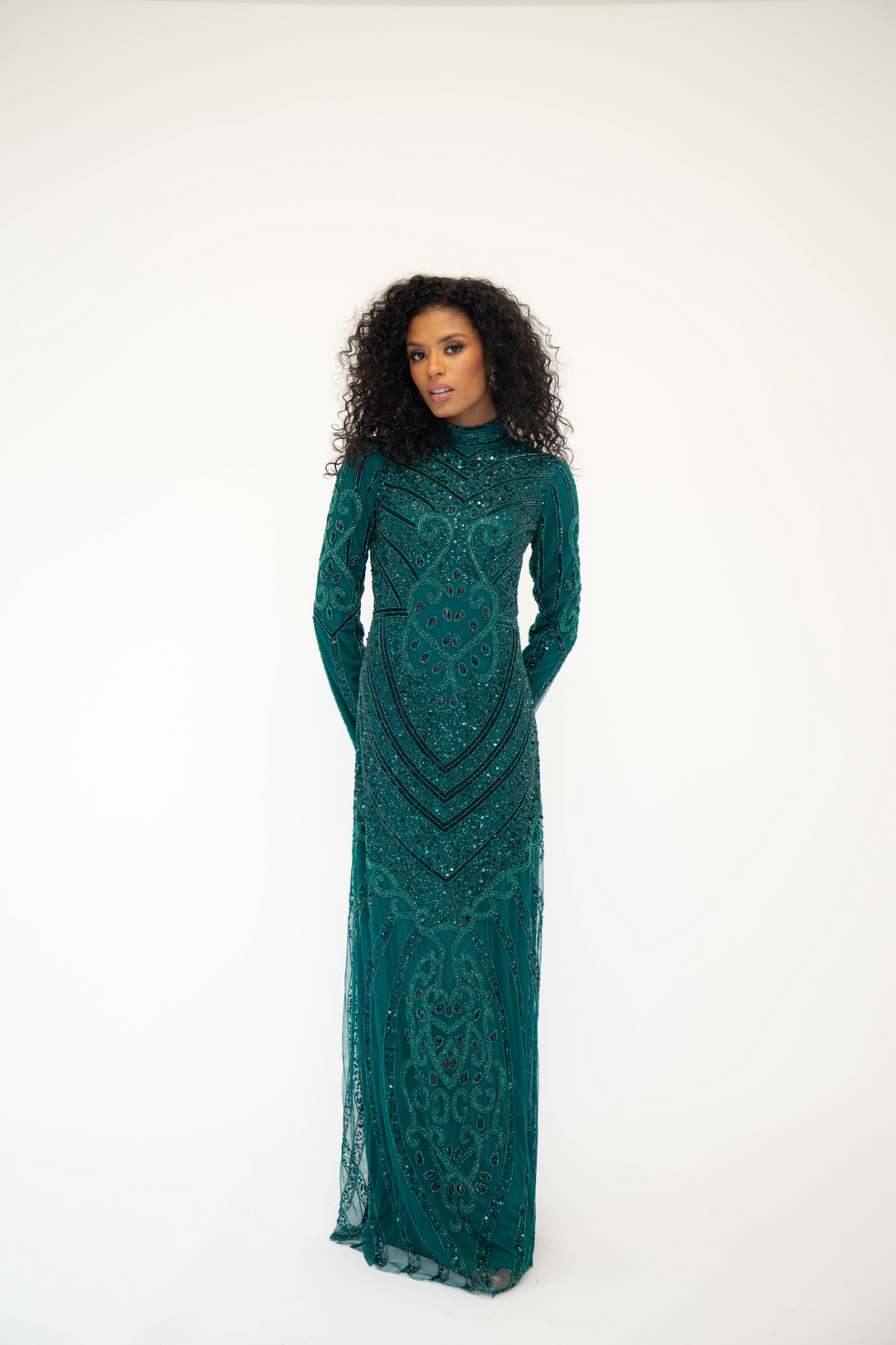 emeraude maxi dress Emerald Green Embellished Maxi Dress With Sleeves