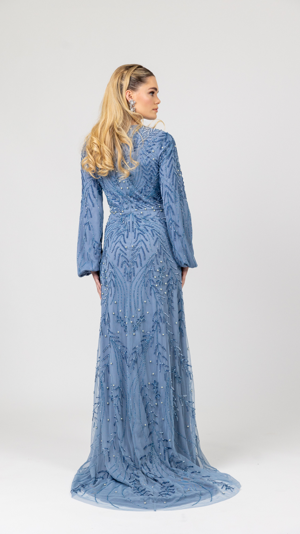Blue Pearl Evening Dress With Balloon Sleeve
