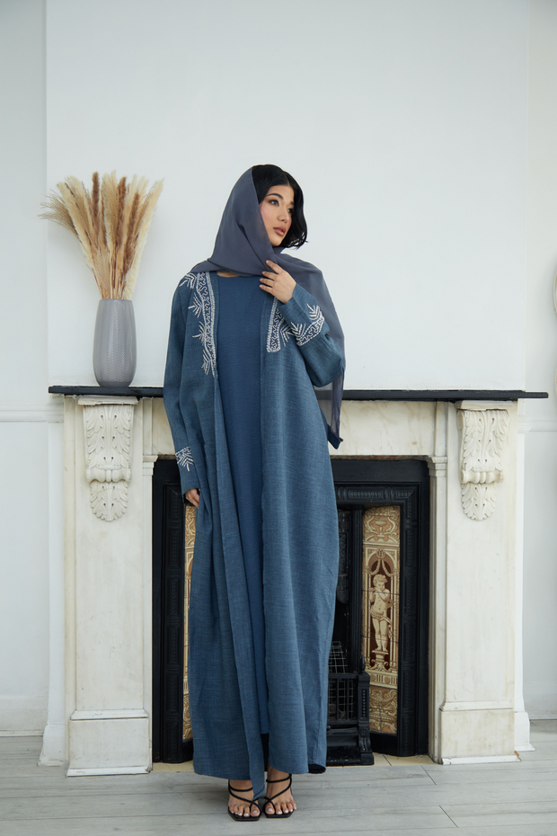 Blue Embellished Oversized Linen Abaya Set