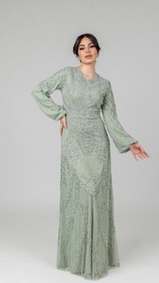 Sage Pearl Evening Dress With Balloon Sleeve